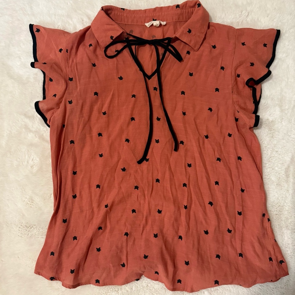 E & M Orange Flutter Tie Neck Secretary Kitsch 60s Retro Mod Cat Twee Blouse L